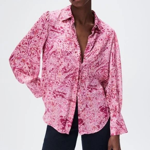 Zara pink satin abstract print button-down blouse with bishop sleeves Large 740 - Picture 1 of 9